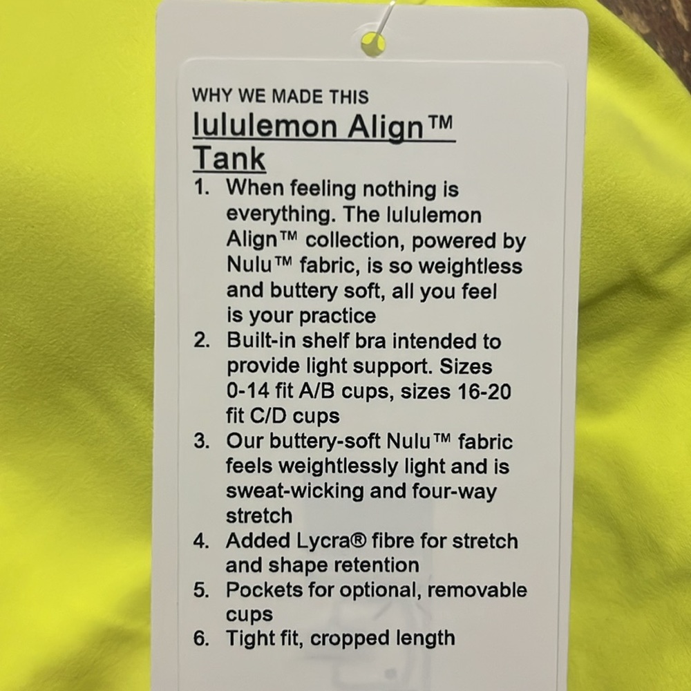 Lululemon Align Tank Nulu Cropped Length (Electric Lemon *ELLE) Sz 4 - Picture 6 of 9